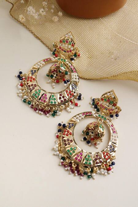 Shop Curio Cottage Gold Plated Semi Precious Stones And Pearl Embellished Jadau Chandbalis at Aza Fashions Shop_Curio Cottage_Gold Plated Semi Precious Stones And Pearl Embellished Jadau Chandbalis_at_Aza_Fashions