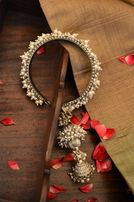 Shop_Heer-House Of Jewellery_Silver Plated Pearls And Ghungroo Embellished Kada_at_Aza_Fashions