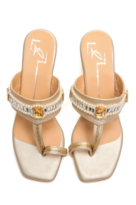 Shop Nidhi Bhandari Gold Crystals, Beads Stone Embroidered Wedges at Aza Fashions Shop_Nidhi Bhandari_Gold Crystals, Beads Stone Embroidered Wedges _at_Aza_Fashions