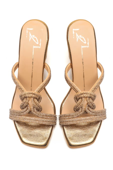 Shop Nidhi Bhandari Gold Stones Swarovski Embellished Block Heels at Aza Fashions Shop_Nidhi Bhandari_Gold Stones Swarovski Embellished Block Heels _at_Aza_Fashions