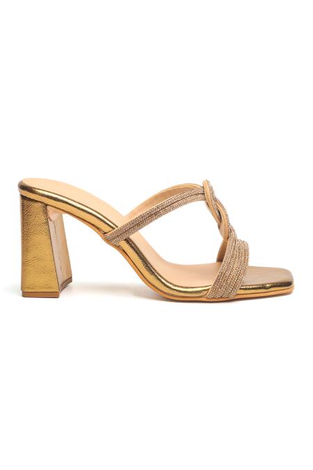 Nidhi Bhandari Gold Stones Swarovski Embellished Block Heels Online at Aza Fashions Nidhi Bhandari_Gold Stones Swarovski Embellished Block Heels _Online_at_Aza_Fashions