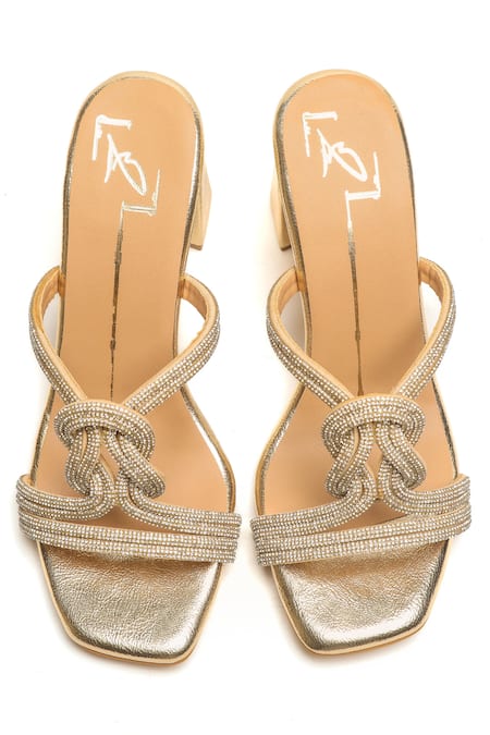 Shop_Nidhi Bhandari_Gold Stones Swarovski Strap Embellished Block Heels _at_Aza_Fashions