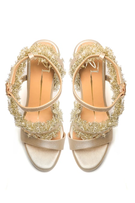 Shop Nidhi Bhandari Gold Tassels Fringe Embroidered Heels at Aza Fashions Shop_Nidhi Bhandari_Gold Tassels Fringe Embroidered Heels _at_Aza_Fashions