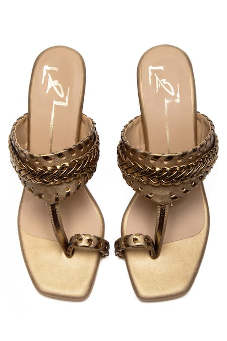 Shop Nidhi Bhandari Gold Braided Strap Embroidered Block Heels at Aza Fashions Shop_Nidhi Bhandari_Gold Braided Strap Embroidered Block Heels _at_Aza_Fashions