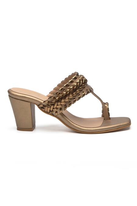 Nidhi Bhandari Gold Braided Strap Embroidered Block Heels Online at Aza Fashions Nidhi Bhandari_Gold Braided Strap Embroidered Block Heels _Online_at_Aza_Fashions