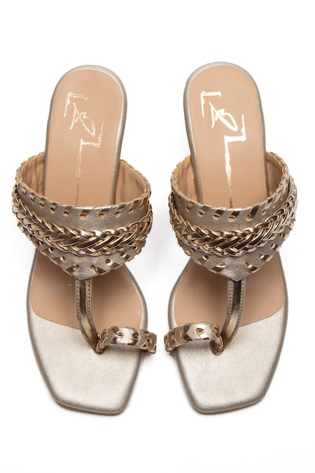 Shop Nidhi Bhandari Gold Braided Embroidered Block Heels at Aza Fashions Shop_Nidhi Bhandari_Gold Braided Embroidered Block Heels _at_Aza_Fashions