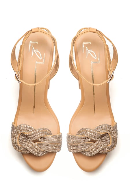 Shop Nidhi Bhandari Beige Smocking Swarovski Stone Embellished Block Heels at Aza Fashions Shop_Nidhi Bhandari_Beige Smocking Swarovski Stone Embellished Block Heels _at_Aza_Fashions