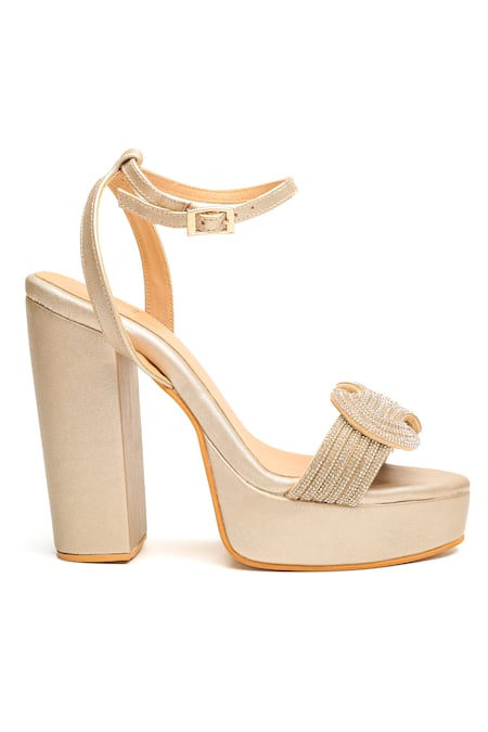 Nidhi Bhandari_Gold Stones Swarovski Embellished Block Heels _Online_at_Aza_Fashions