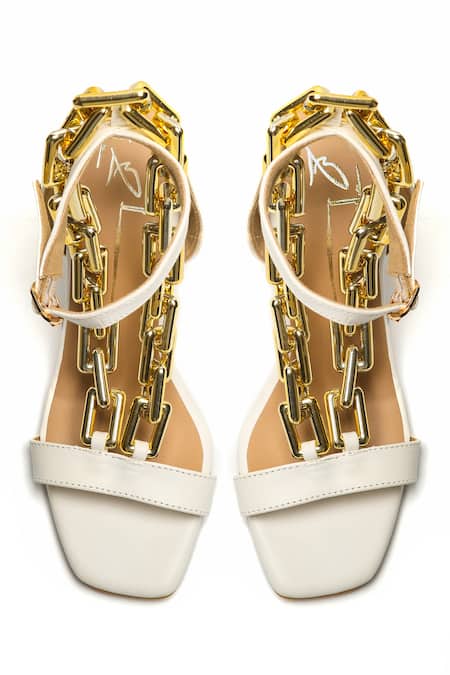 Shop_Nidhi Bhandari_White Chains Strap Embellished Block Heels _at_Aza_Fashions