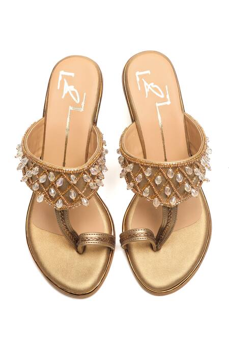 Shop_Nidhi Bhandari_Gold Beads, Crystals Embroidered Block Heels _at_Aza_Fashions