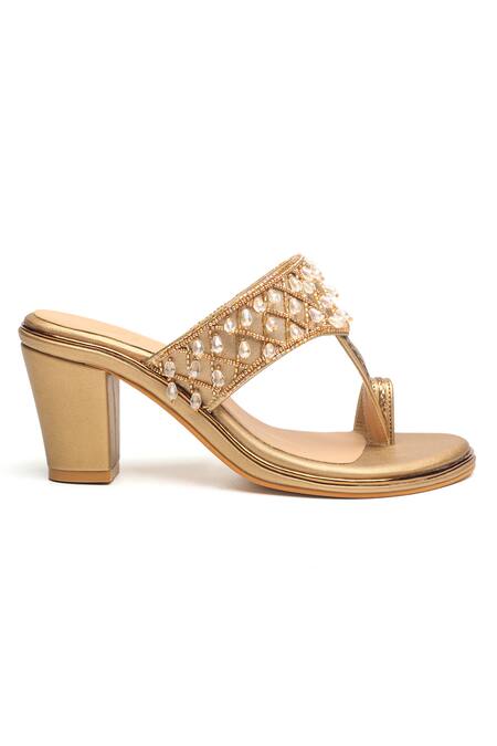 Nidhi Bhandari_Gold Beads, Crystals Embroidered Block Heels _Online_at_Aza_Fashions