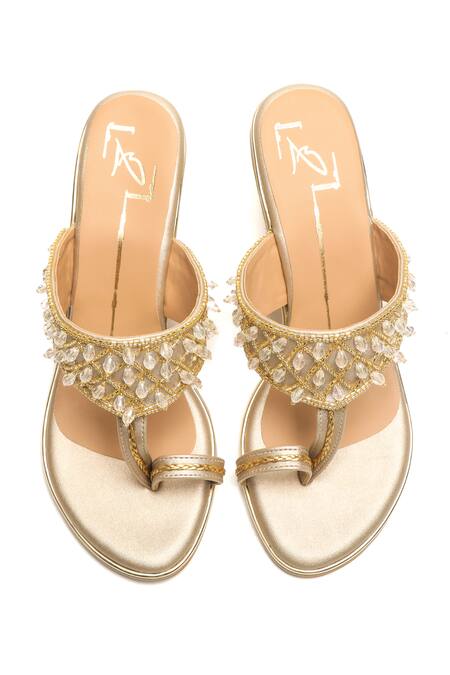 Shop Nidhi Bhandari Gold Beads, Crystals Embroidered Block Heels at Aza Fashions Shop_Nidhi Bhandari_Gold Beads, Crystals Embroidered Block Heels _at_Aza_Fashions