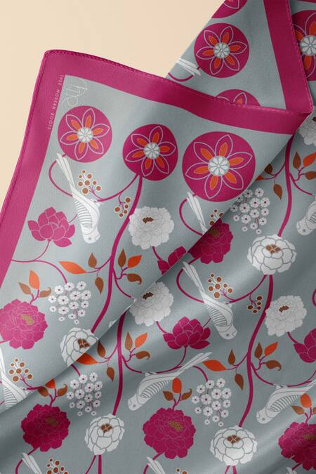 Thee Modern Roots Blue Silk Chirping Charmers Floral Print Dupatta Online at Aza Fashions Thee Modern Roots_Blue Silk Chirping Charmers Floral Print Dupatta _Online_at_Aza_Fashions