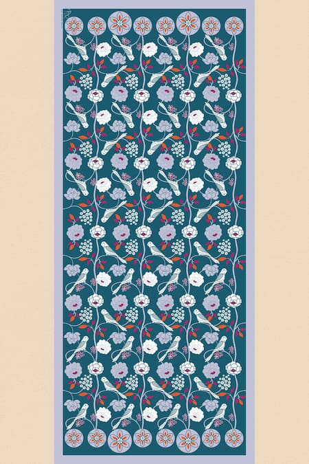 Shop Thee Modern Roots Blue Silk Embroidery Parrot Paradise Print Dupatta at Aza Fashions Shop_Thee Modern Roots_Blue Silk Embroidery Parrot Paradise Print Dupatta_at_Aza_Fashions