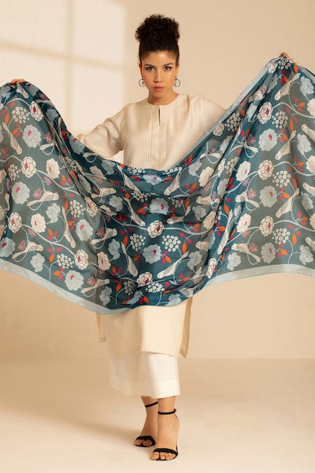 Thee Modern Roots Blue Silk Embroidery Parrot Paradise Print Dupatta Online at Aza Fashions Thee Modern Roots_Blue Silk Embroidery Parrot Paradise Print Dupatta_Online_at_Aza_Fashions