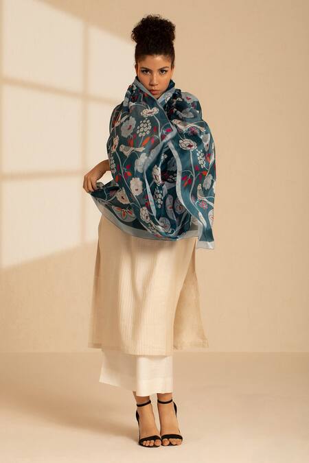 Shop Thee Modern Roots Blue Silk Embroidery Parrot Paradise Print Dupatta Online at Aza Fashions Shop_Thee Modern Roots_Blue Silk Embroidery Parrot Paradise Print Dupatta_Online_at_Aza_Fashions