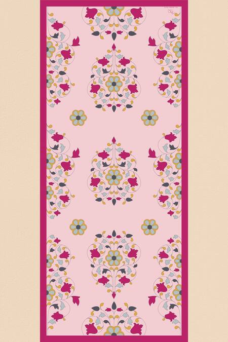 Shop Thee Modern Roots Pink Silk Embroidery Flower Symphony Print Dupatta at Aza Fashions Shop_Thee Modern Roots_Pink Silk Embroidery Flower Symphony Print Dupatta _at_Aza_Fashions