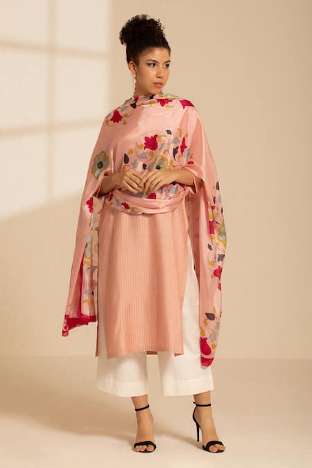 Shop Thee Modern Roots Pink Silk Embroidery Flower Symphony Print Dupatta Online at Aza Fashions Shop_Thee Modern Roots_Pink Silk Embroidery Flower Symphony Print Dupatta _Online_at_Aza_Fashions