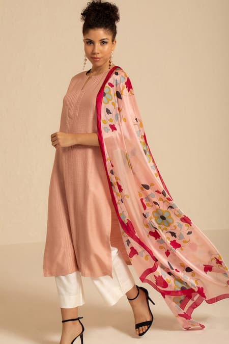 Buy Thee Modern Roots Pink Silk Embroidery Flower Symphony Print Dupatta Buy_Thee Modern Roots_Pink Silk Embroidery Flower Symphony Print Dupatta
