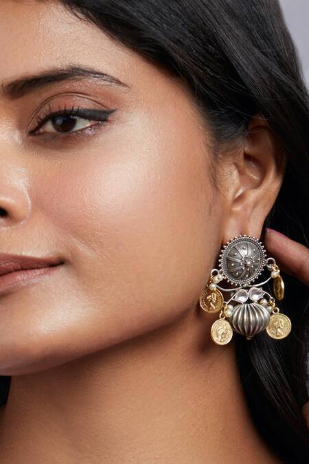 Buy Curio Cottage Gold Plated Semi Precious Stone Aria Coin Studded Earrings at Aza Fashions Buy_Curio Cottage_Gold Plated Semi Precious Stone Aria Coin Studded Earrings_at_Aza_Fashions