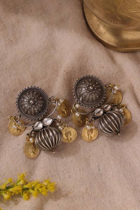 Shop Curio Cottage Gold Plated Semi Precious Stone Aria Coin Studded Earrings at Aza Fashions Shop_Curio Cottage_Gold Plated Semi Precious Stone Aria Coin Studded Earrings_at_Aza_Fashions