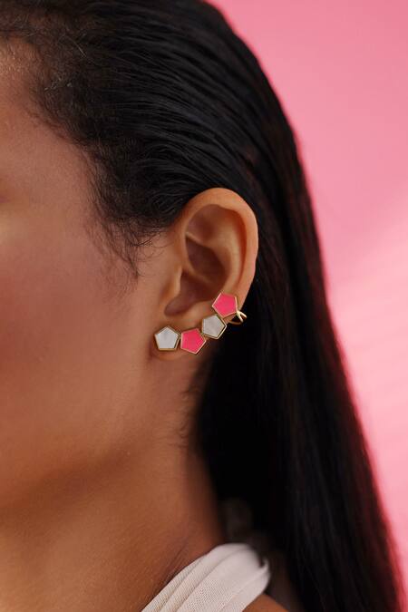 Shop_Varnika Arora_Gold Plated Pearls Arlo Geometric Pattern Embellished Earrings _Online_at_Aza_Fashions