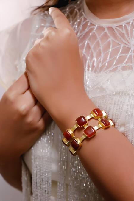 Buy Gold Plated Stones Double Layered Onyx Hand Cuff by Ishhaara