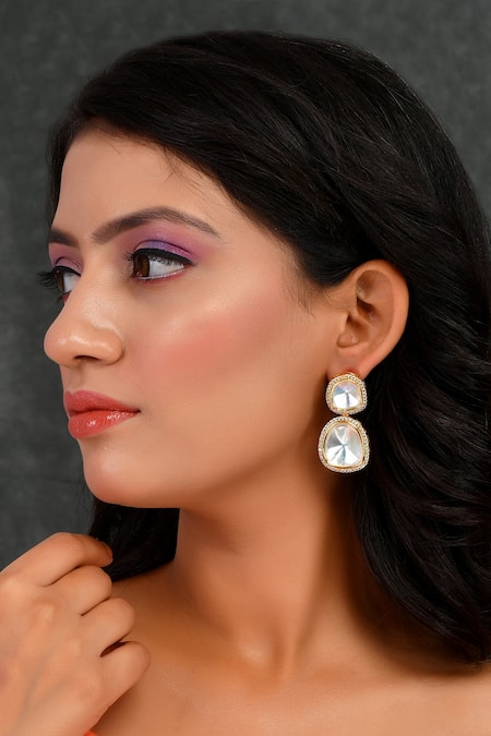 Ishhaara Gold Plated Polki Stones And American Diamonds Embellished Drop Earrings 