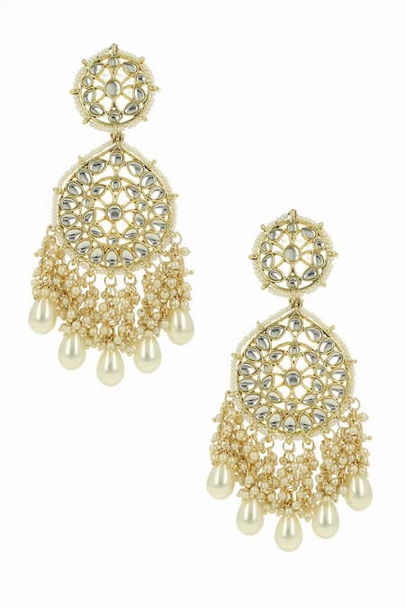 Shop Ishhaara Gold Plated Pearls, Stones Floral Kundan And Drop Chandbali Earrings at Aza Fashions Shop_Ishhaara_Gold Plated Pearls, Stones Floral Kundan And Drop Chandbali Earrings _at_Aza_Fashions