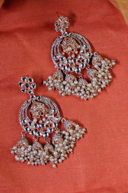Shop Ishhaara Gold Plated Pearls, Rhinestones, Kundan And American Diamond Jhumki Earring at Aza Fashions Shop_Ishhaara_Gold Plated Pearls, Rhinestones, Kundan And American Diamond Jhumki Earring _at_Aza_Fashions