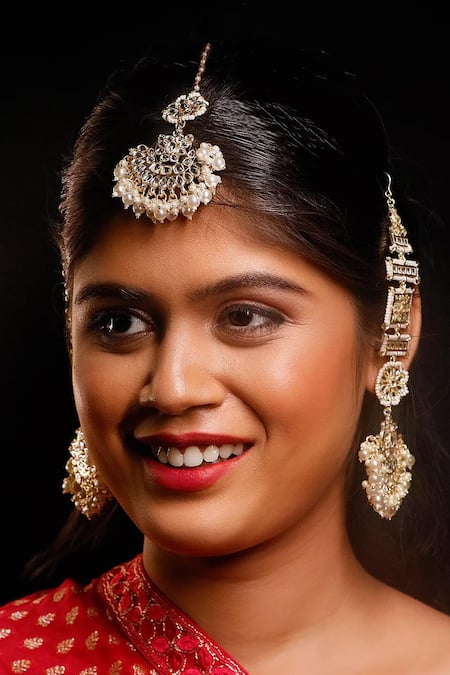 Ishhaara Gold Plated Stones, Kundan Geometric Floral Chandbali Earring And Maangtikka 
