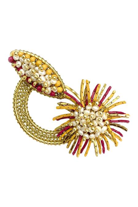 Shop Vaidaan Gold Plated Pearls, Beads Daffodil Ring at Aza Fashions Shop_Vaidaan_Gold Plated Pearls, Beads Daffodil Ring _at_Aza_Fashions