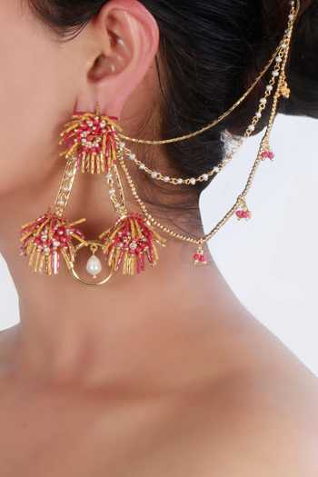 Vaidaan Floral Motif Gold Chandelier Earrings 