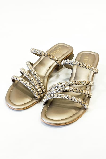 Shop The Alter Gold Rhinestones, Sequins Norah Embellished Block Heels at Aza Fashions Shop_The Alter_Gold Rhinestones, Sequins Norah Embellished Block Heels _at_Aza_Fashions