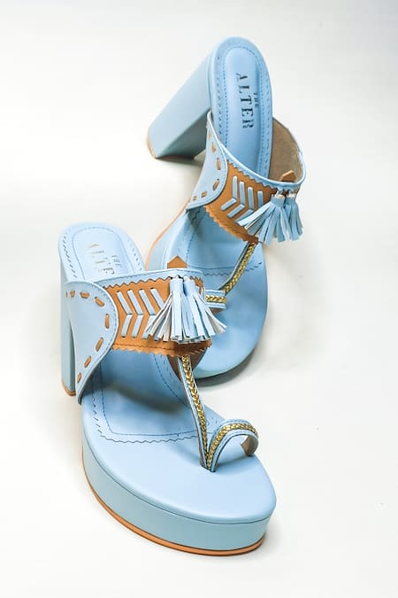 ASOS DESIGN Newport embellished high heeled sandals in blue | ASOS