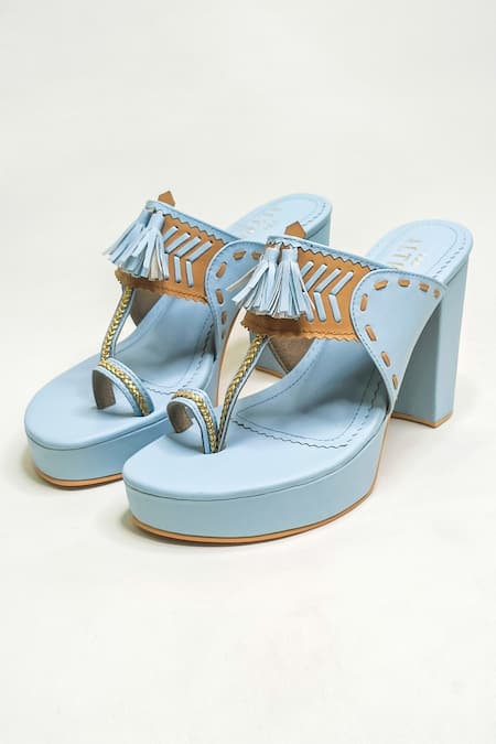 Shop The Alter Blue Embellished Powder Tassel Block Heels at Aza Fashions Shop_The Alter_Blue Embellished Powder Tassel Block Heels _at_Aza_Fashions
