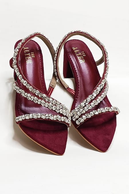 Shop The Alter Maroon Rhinestones Kiara Embellished Pointed Toe Block Heels at Aza Fashions Shop_The Alter_Maroon Rhinestones Kiara Embellished Pointed Toe Block Heels _at_Aza_Fashions