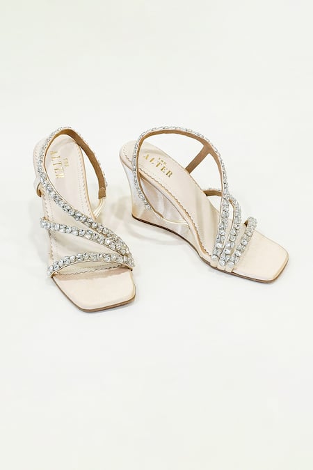 Buy Beige Embellished Kiara T shaped Wedge Heels by THE ALTER