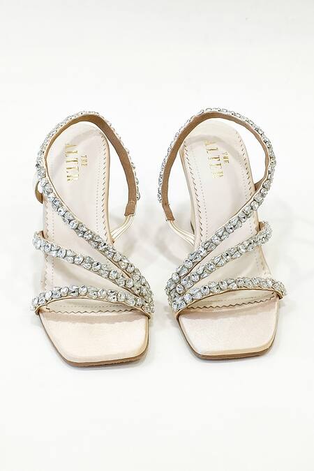 The Alter_Beige Rhinestones Kiara Embellished T-shaped Wedge Heels _Online_at_Aza_Fashions