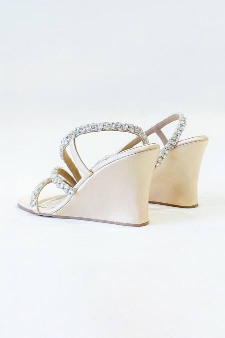 Shop_The Alter_Beige Rhinestones Kiara Embellished T-shaped Wedge Heels _Online_at_Aza_Fashions