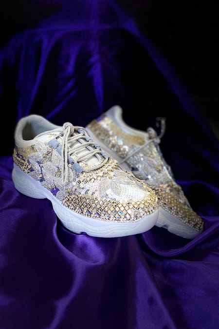 Buy Chal Jooti Silver Crystal Garden Embroidered Sneakers Online at Aza Fashions Buy_Chal Jooti_Silver Crystal Garden Embroidered Sneakers _Online_at_Aza_Fashions