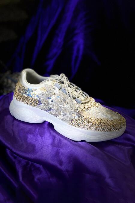 Shop Chal Jooti Silver Crystal Garden Embroidered Sneakers Online at Aza Fashions Shop_Chal Jooti_Silver Crystal Garden Embroidered Sneakers _Online_at_Aza_Fashions