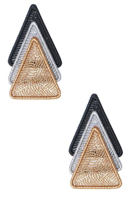 Shop Vaidaan Gold Plated Embroidery Trinity Earrings at Aza Fashions Shop_Vaidaan_Gold Plated Embroidery Trinity Earrings _at_Aza_Fashions