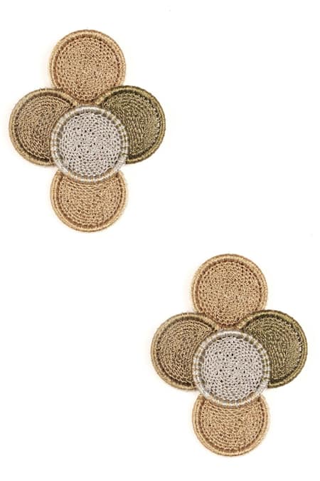 Shop Vaidaan Gold Plated Embroidery Quad Circles Earrings at Aza Fashions Shop_Vaidaan_Gold Plated Embroidery Quad Circles Earrings _at_Aza_Fashions