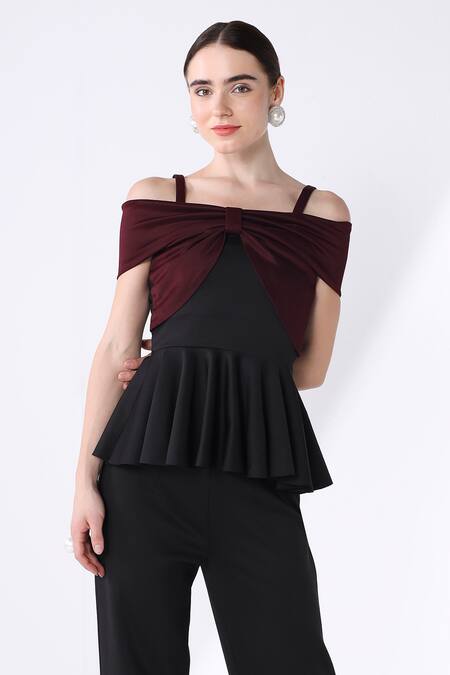 Buy Ashico Black Lycra Off-shoulder Front Bow Peplum Top Online at Aza Fashions Buy_Ashico_Black Lycra Off-shoulder Front Bow Peplum Top_Online_at_Aza_Fashions