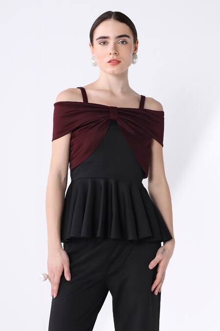 Shop Ashico Black Lycra Off-shoulder Front Bow Peplum Top Online at Aza Fashions Shop_Ashico_Black Lycra Off-shoulder Front Bow Peplum Top_Online_at_Aza_Fashions