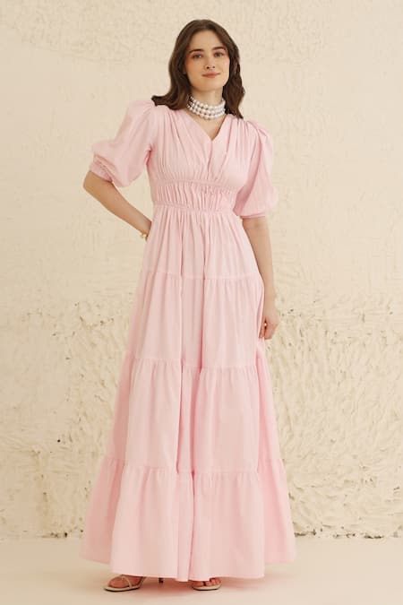 Ashico_Pink Cotton V-neck Tiered Maxi Dress_Online_at_Aza_Fashions