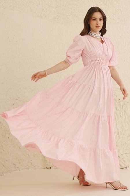 Buy_Ashico_Pink Cotton V-neck Tiered Maxi Dress_Online_at_Aza_Fashions