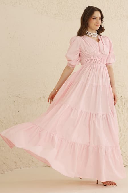 Shop_Ashico_Pink Cotton V-neck Tiered Maxi Dress_Online_at_Aza_Fashions