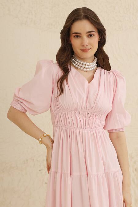 Buy_Ashico_Pink Cotton V-neck Tiered Maxi Dress